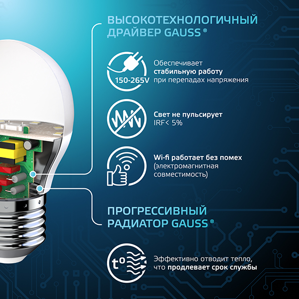 Лампа шар свд Е27 9,5Вт 4100К 950лм G45 матовый Gauss 